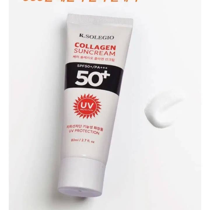 L'image montre la crème solaire au collagène K. Solegio SPF 50+/PA+++. pour la vente par KPurity