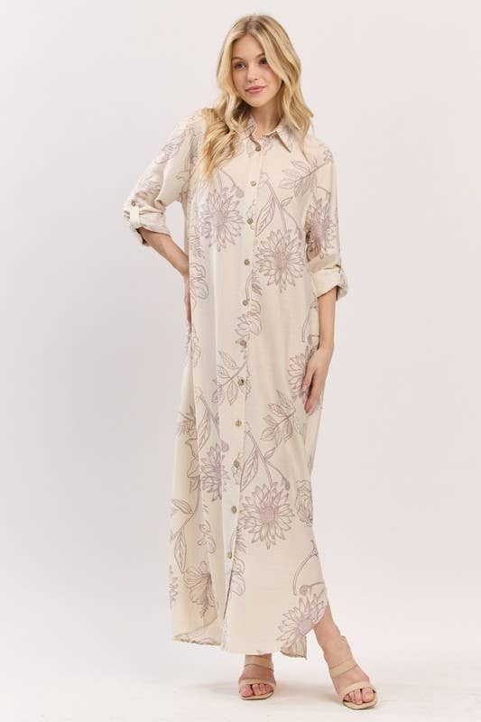 Pink Irene Wholesale - Wholesale Dress - Women's - Women Woven Floral Print Button-Down Maxi Dress4