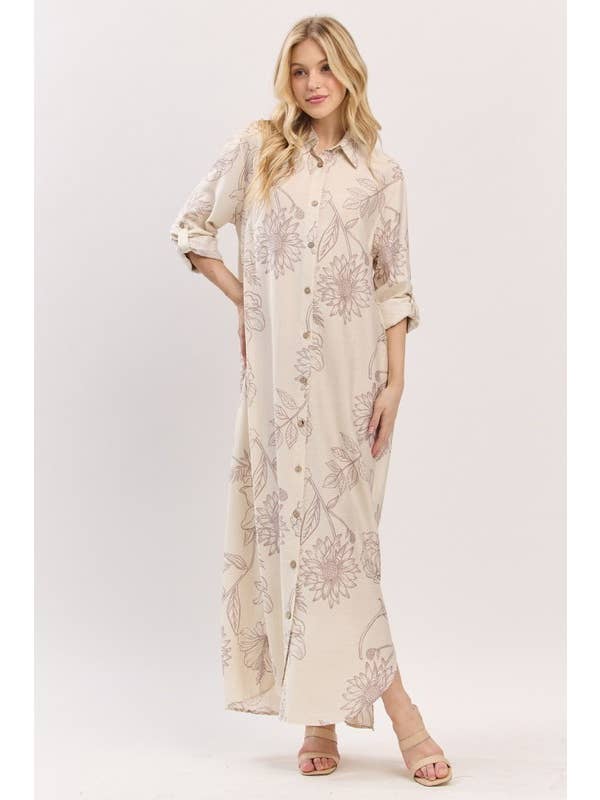 Pink Irene Wholesale - Wholesale Dress - Women's - Women Woven Floral Print Button-Down Maxi Dress4