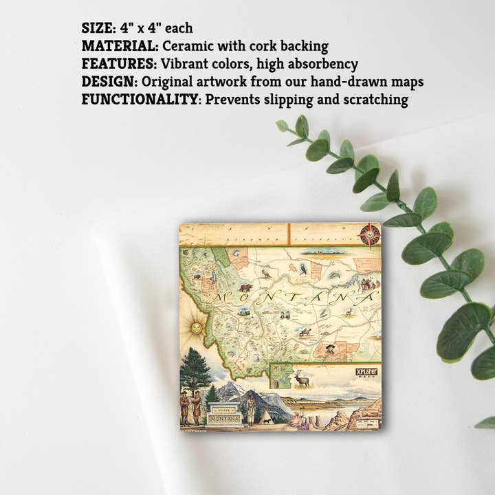 XPLORER MAPS - Wholesale Coasters - Montana State Illustrated Map Ceramic Coaster3