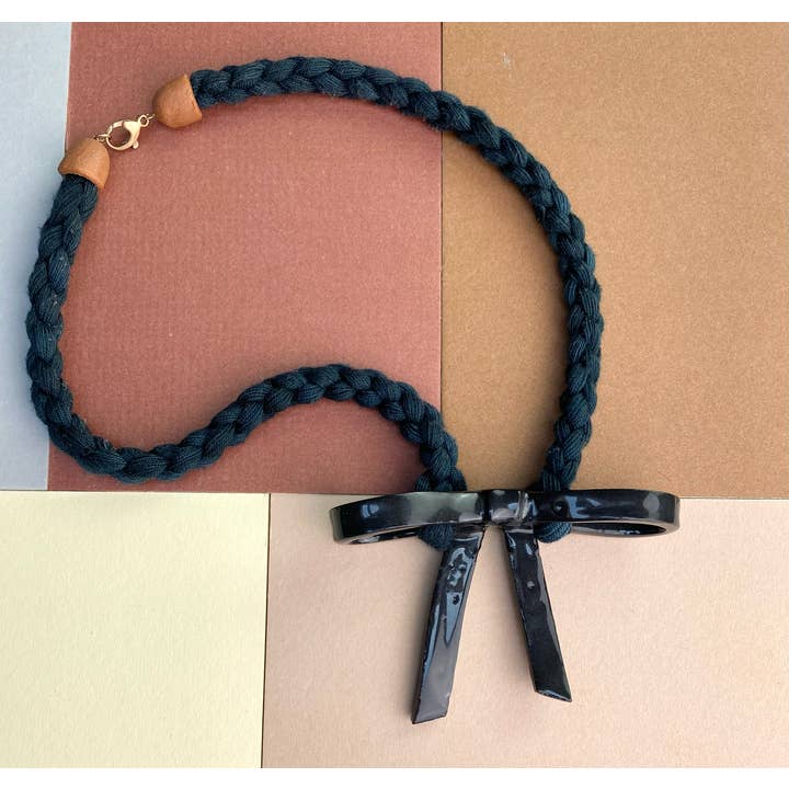 Barrow PDX - Wholesale Woven Necklace - Black Bow Ceramic Necklace