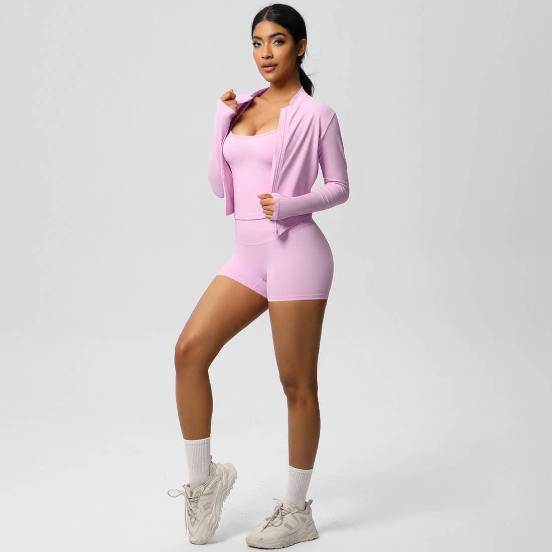 Sodalemon – Conjunto de desporto – Mulher por atacado – Conjunto feminino de yoga justo: top esportivo com interior escovado, jaqueta com zíper e shorts20