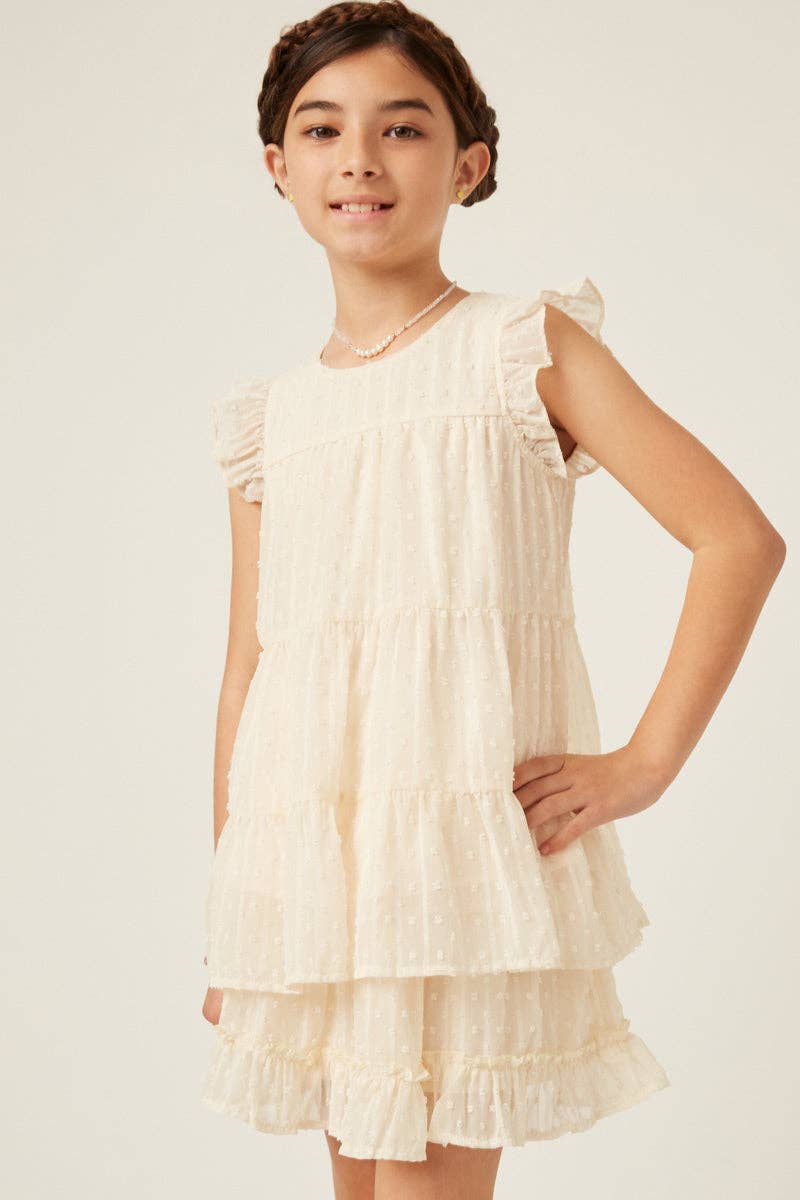 Cream Girls Textured Stripe Swiss Dot Ruffled Tiered Top for wholesale on Faire2