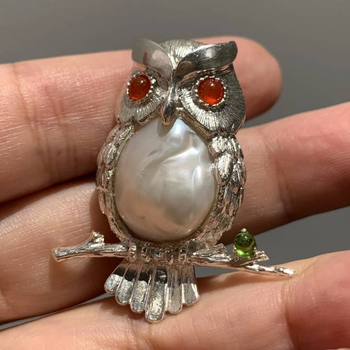 Handmade 925 Silver Owl Brooch Pendant | Pearl, Carnelian & Diopside Jewelry | Gift for Teacher or Mom for wholesale by idjewelry