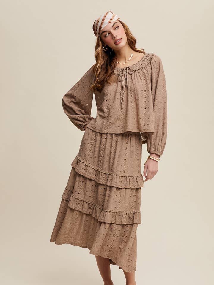Listicle - Wholesale Top & Skirt Set - Women's - Boho Lace Tiered Maxi Skirt Set