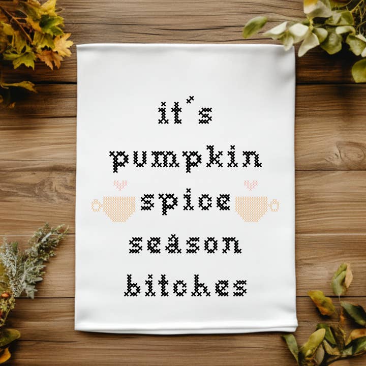 Colorful Cross Stitch Towels - Pumpkin Spice Season Bitches for wholesale by Moonlight Makers