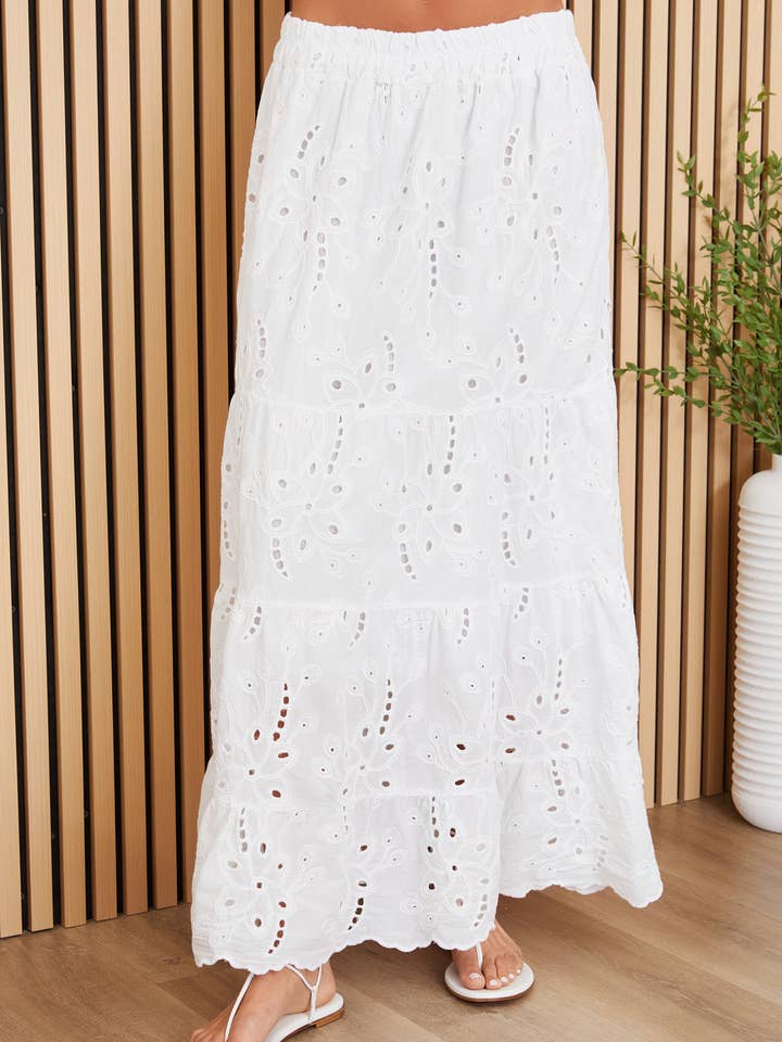 FLORAL EYELET TIERED MAXI SKIRT (99909/99009-FLORALEYELETSK) for wholesale by MILIO MILANO