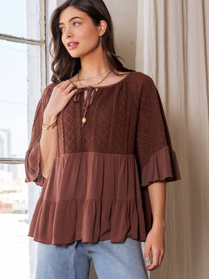 Brown SOLID ROUND NECK RUFFLE SHORT SLEEVE TOP for wholesale on Faire