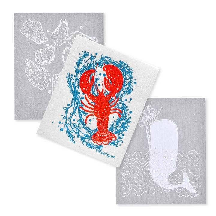Set de 3 torchons suédois : homard, huîtres et baleines pour la vente par Sweetgum Home