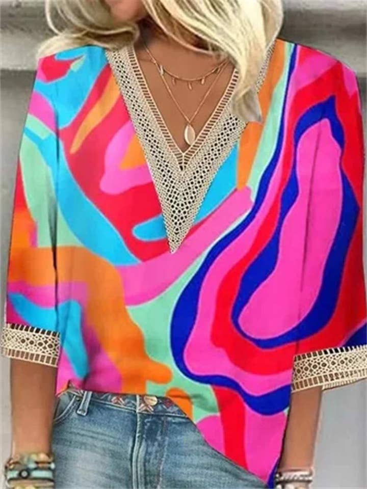 Flarix - Wholesale Blouse - Women's - dot lace trims print sleeve casual basic v neck