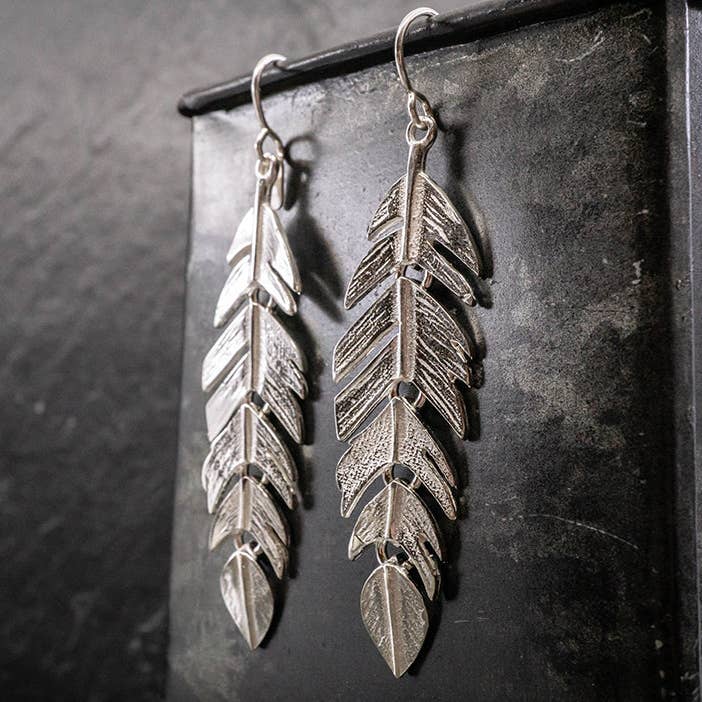 Scoured, Sectioned Feather Earring for wholesale by Corazón Sterling