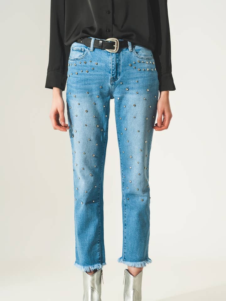 Jeans strappati decorati in denim chiaro con strass per la vendita all'ingrosso da parte di Q2—All Orders:Free Duties for the US,UK,and Canada