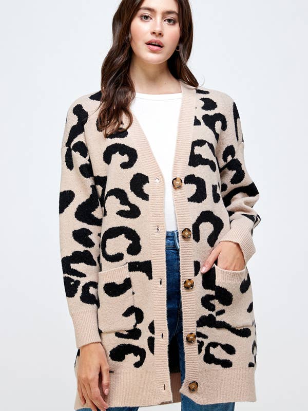 PL1055-Animal Printed Midi Length Cardigan Sweater- for wholesale by Vibrato Clothing
