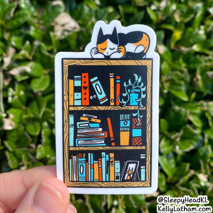Bookshelf Calico Cat Vinyl Sticker Bookstore Gift Reader Sho for wholesale by Kelly Latham Art
