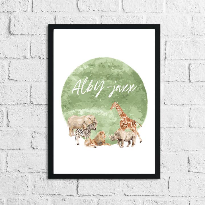 Personalised Zoo Animals Army Green Name Children's Room Wall Decor Print for wholesale by WinsterCreations™