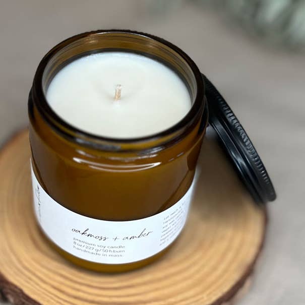 Oakmoss + Amber Hand Poured Amber Glass Soy Candle - 8oz for wholesale by Fern x Flow Soy Candles + Home Fragrance
