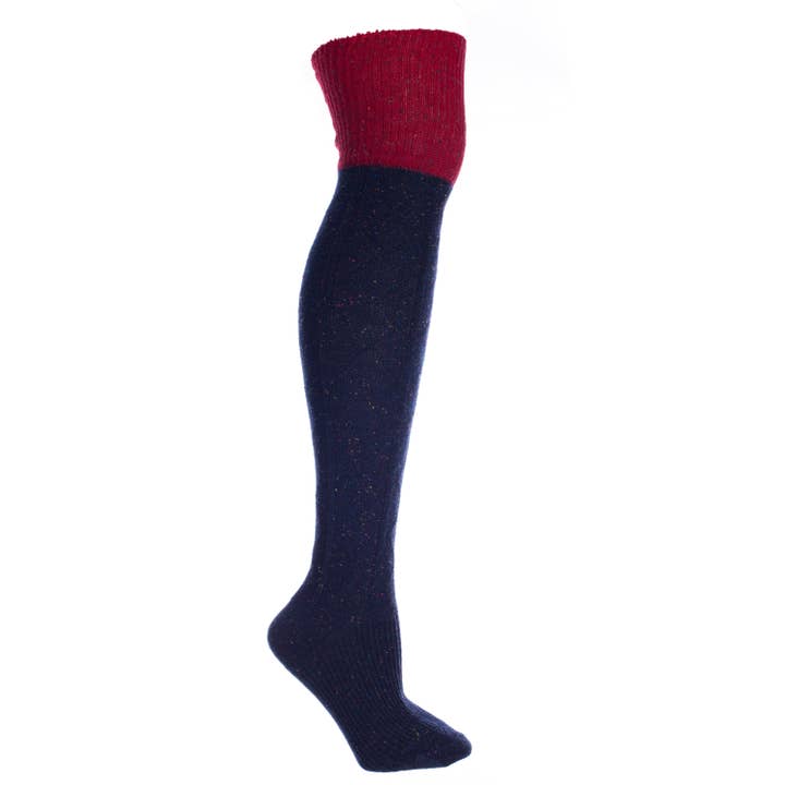 Navy Wool Speckled Knee High Boot Socks With Red Welt for wholesale by MinxNY