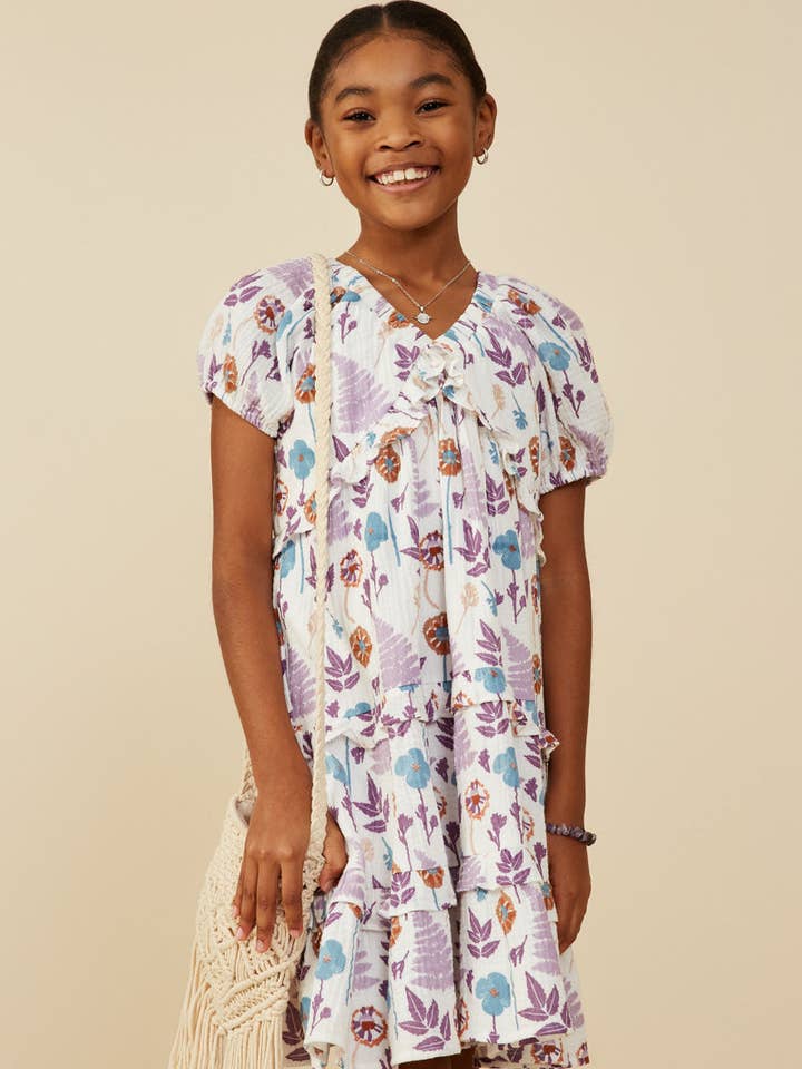 Girls Forest Print Ruffle Detail Textured Gauze Dress for wholesale by Hayden LA