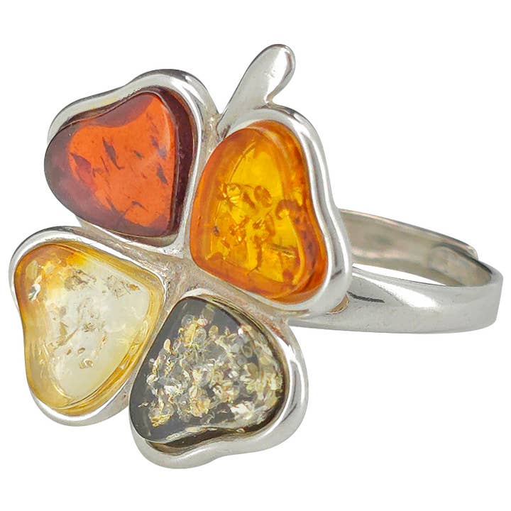 Flerfärgad bärnstensring i sterlingsilver med justerbar klöverdesign för wholesale av Amberman