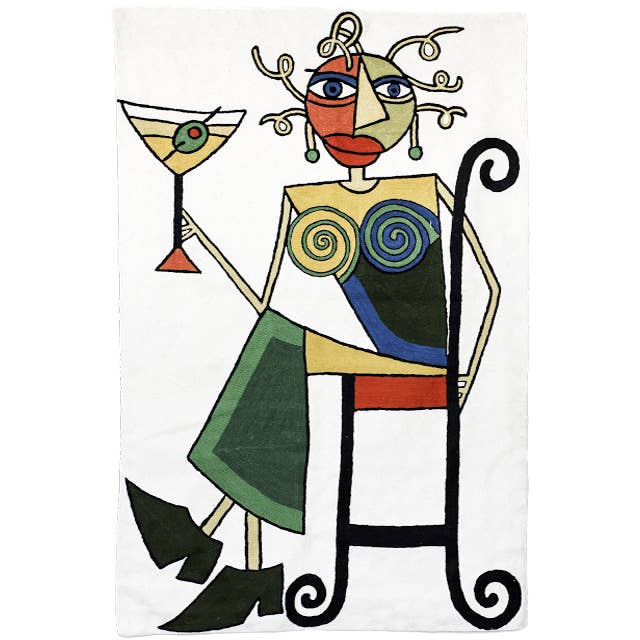 White Martini Tapestry Chainstitch hand embroidered Wool for wholesale by Cashmere Crafts Inc