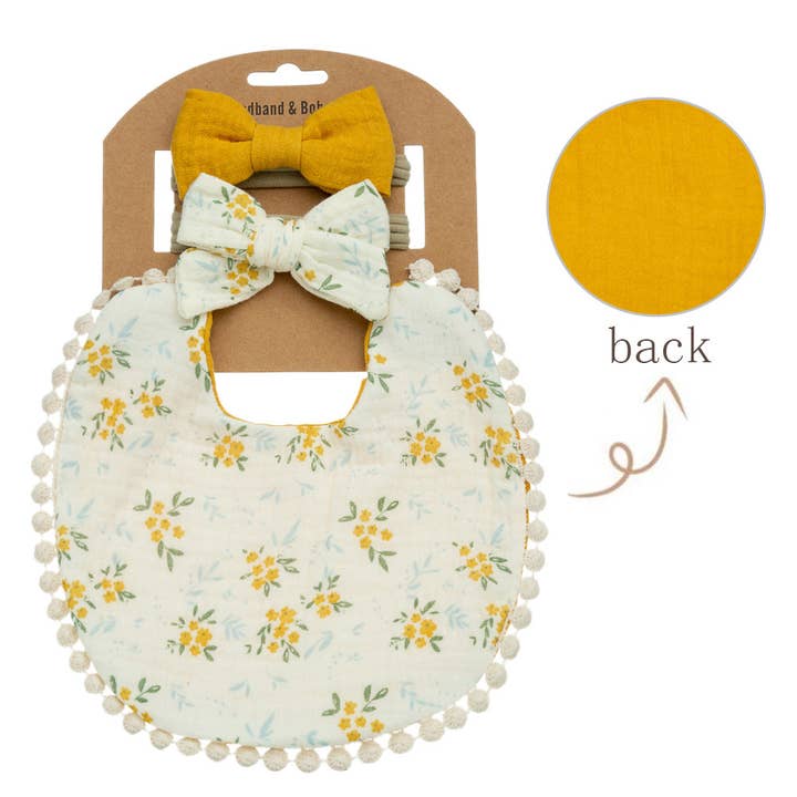 Little Trendy - Wholesale Bib - Baby - Baby Floral cotton Waterproofer Bib and Bows headband Sets