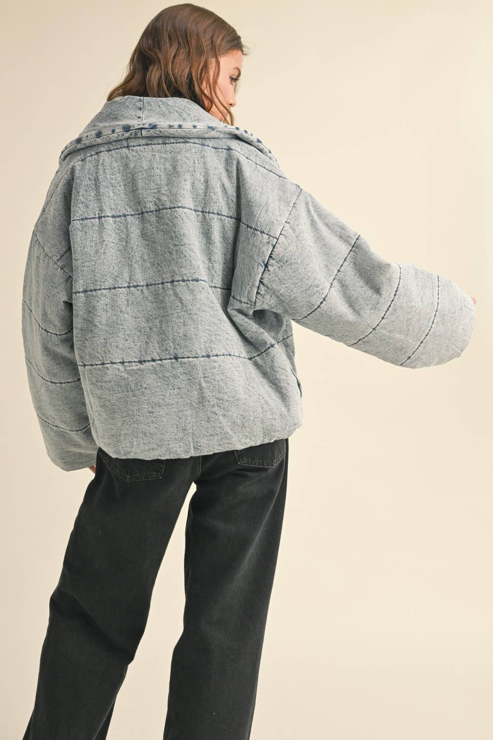 J3762   QUILTED TIE TO CLOSE DENIM JACKET for wholesale on Faire2