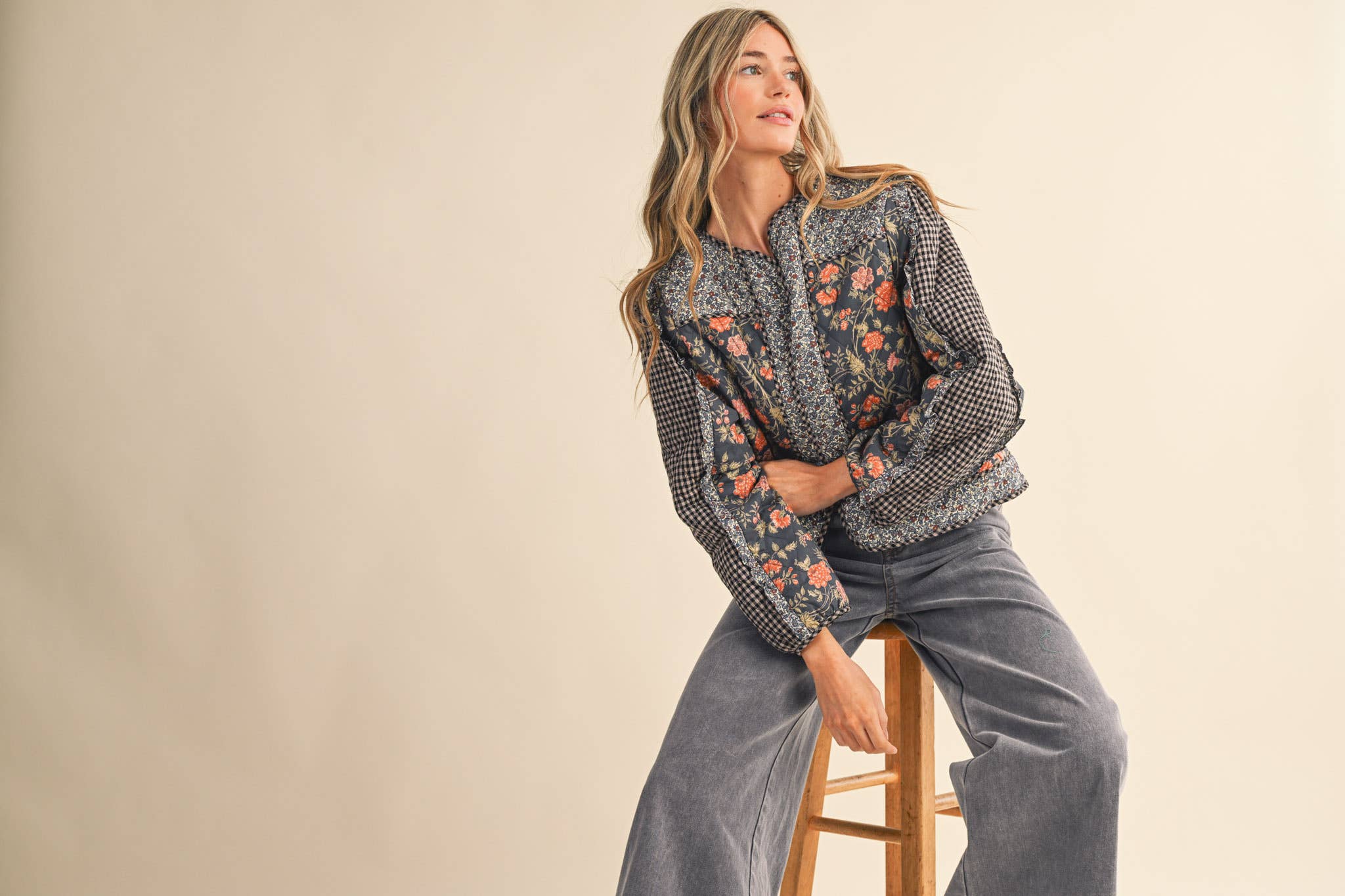 BURGUNDY MULTI MIXED PRINT QUILTED JACKET WITH RUFFLE TRIM MJK4531 for wholesale on Faire17