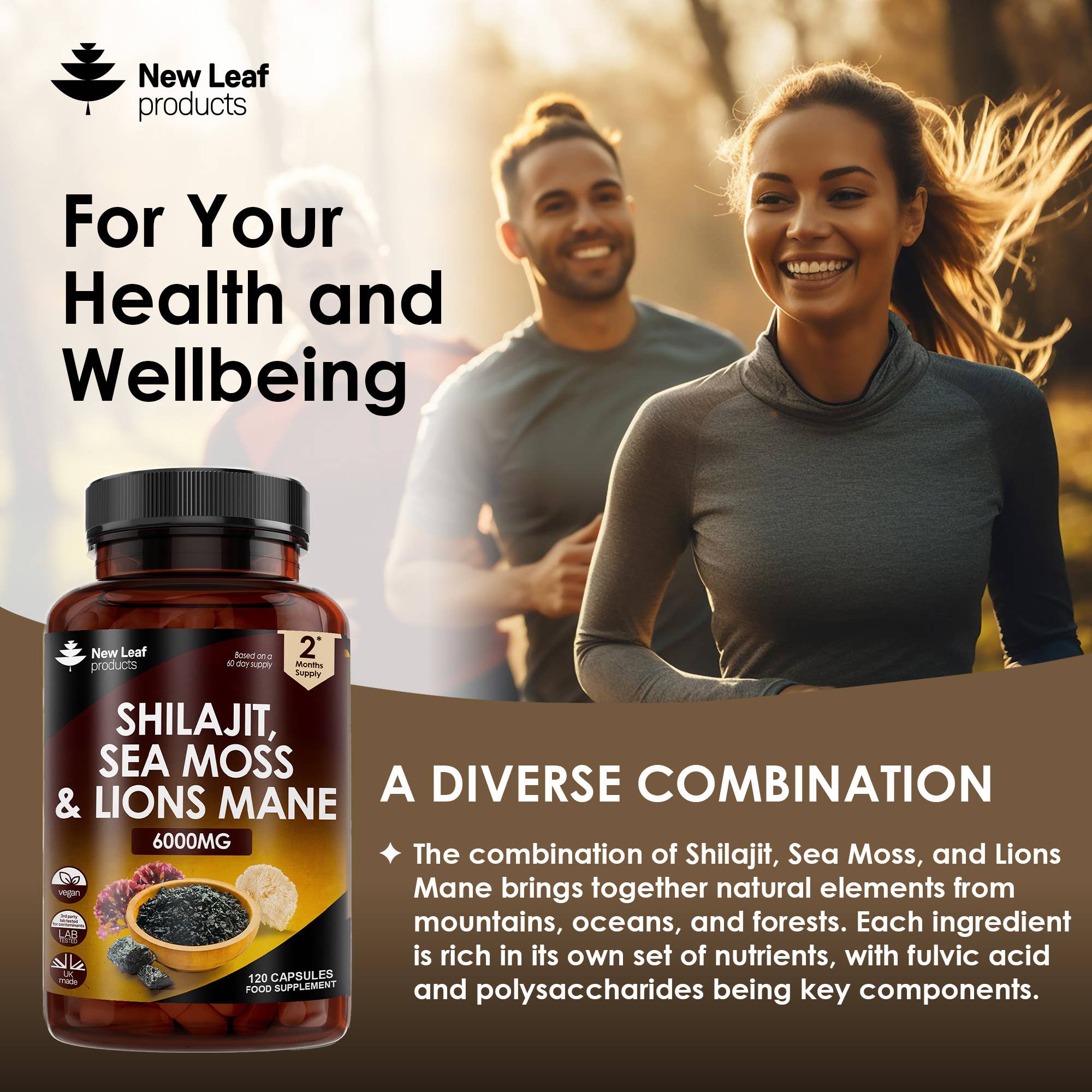 New Leaf products Ltd – wholesale Oral supplement/vitamin – Shilajit, Sea Moss & Lions Mane 6000mg Vegan Capsules2