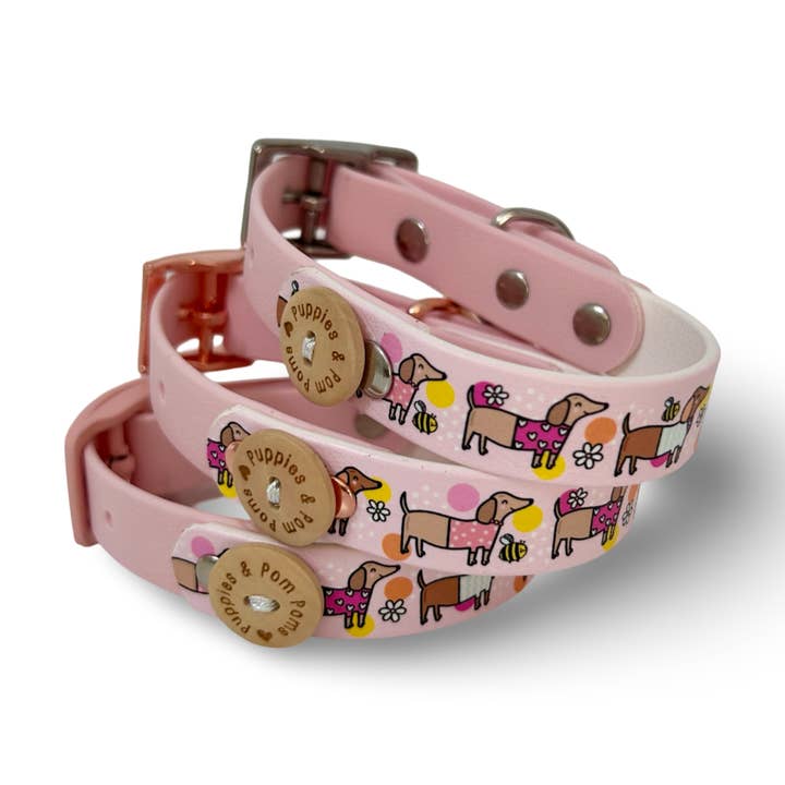 Puppies & Pom Poms - Wholesale Pet Collar - Dog - Bee Happy Dachshunds - Handmade Biothane Dog Collar - Baby Pink1