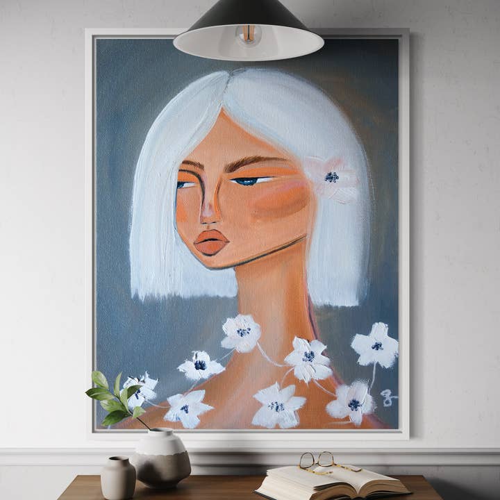 Anemone Girl Floral Dusty Blue Fine Art Print for wholesale by Aim Straley Art