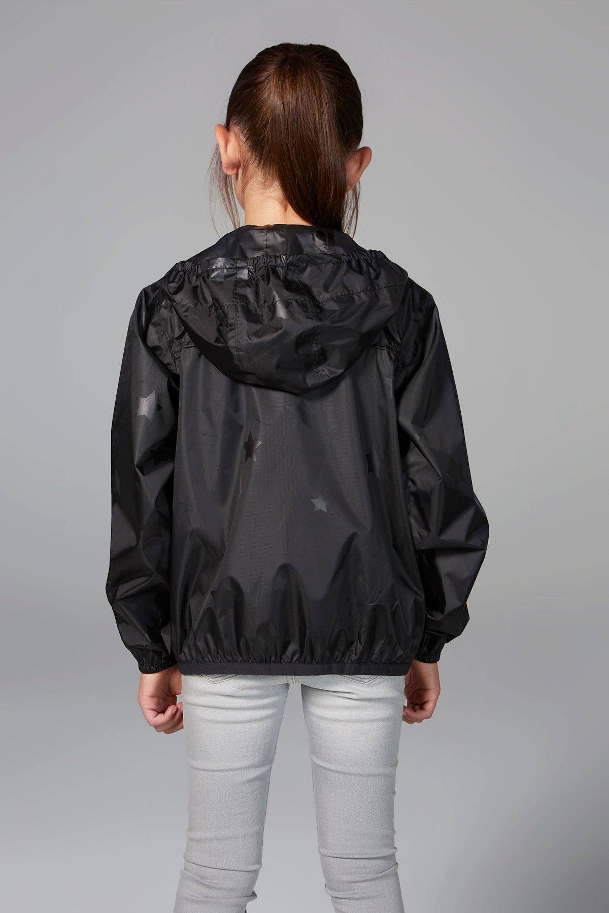 Kids black gloss stars packable rain jacket and windbreaker for wholesale on Faire1