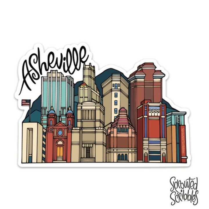 Asheville Sticker | City Buildings | Waterproof Vinyl Decal for wholesale by Sprouted Scribbles