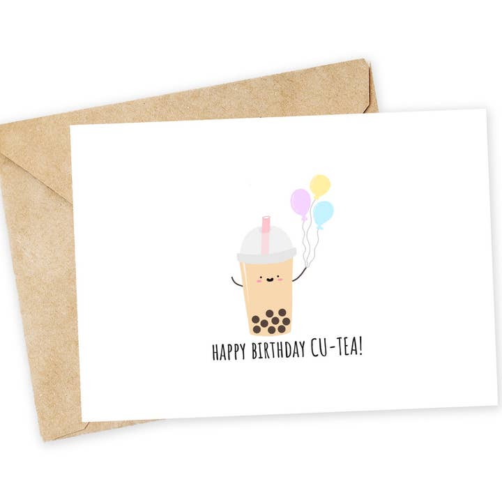Bubble Tea Geburtstagskarte - 'Alles Gute zum Geburtstag CU-TEA' für den Großhandel von Chewy Lemon Studio