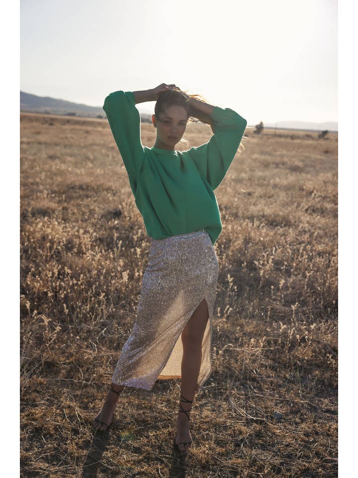 Gold Silver L5683 | Woven Sequin Skirt With Side Half Slit for wholesale on Faire3