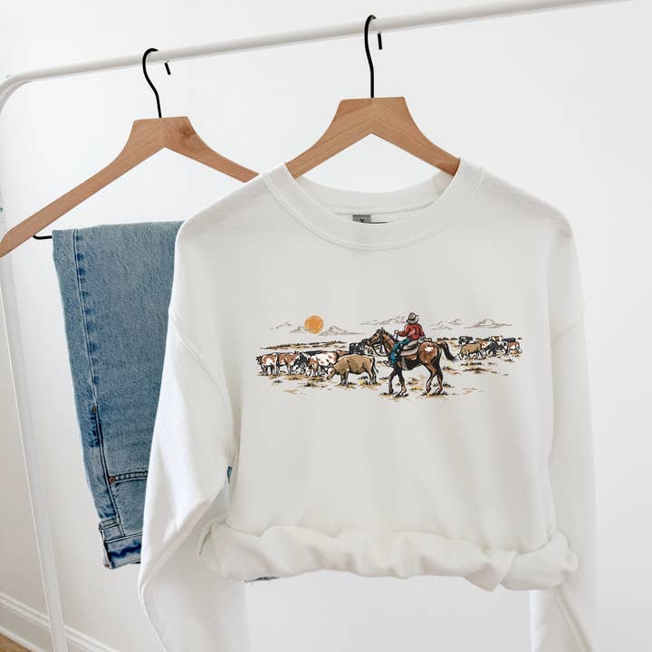 Cowboys Hearding Cattle Western Graphic Sweatshirt for wholesale by Lucy + Company