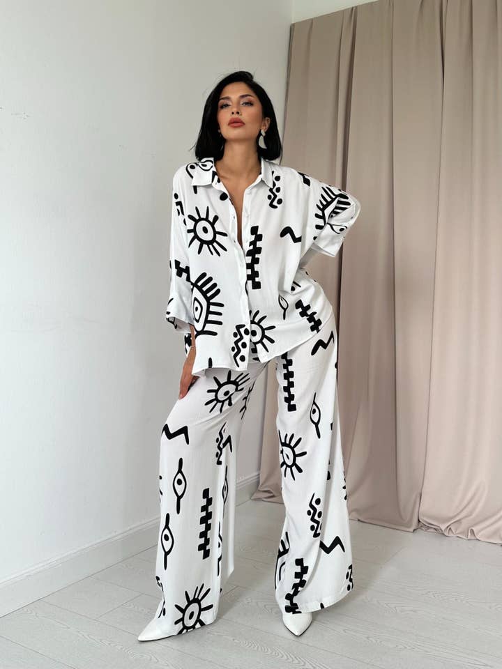 FENOMEN - Wholesale Top & Pant Set (NOT Loungewear) - Women's - Patterned Loose Shirt and Loose Pant Set