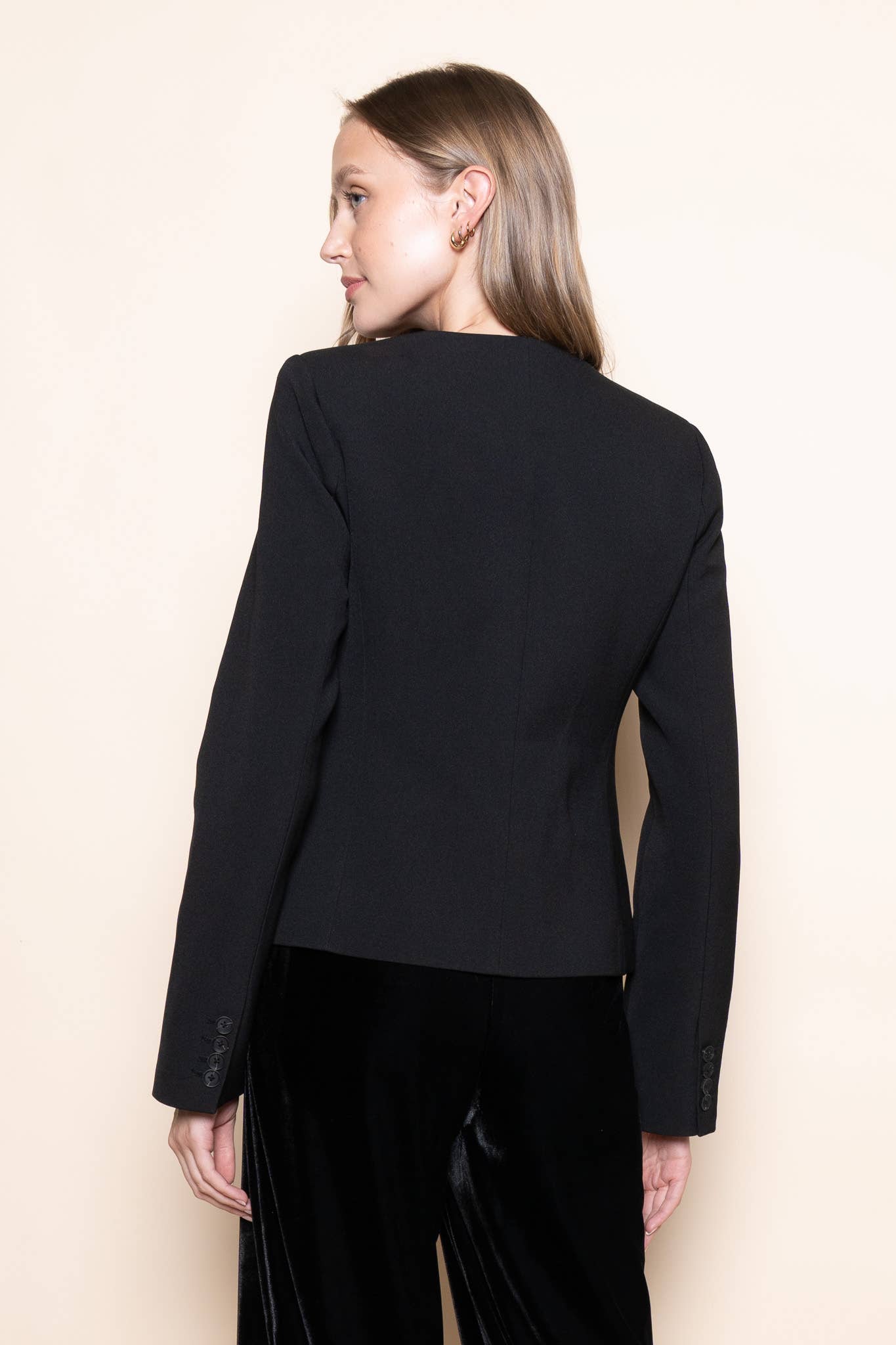 Black BASIC CHIC ROUND NECK BUTTON UP JACKET BLAZER-OI6695FO for wholesale on Faire6