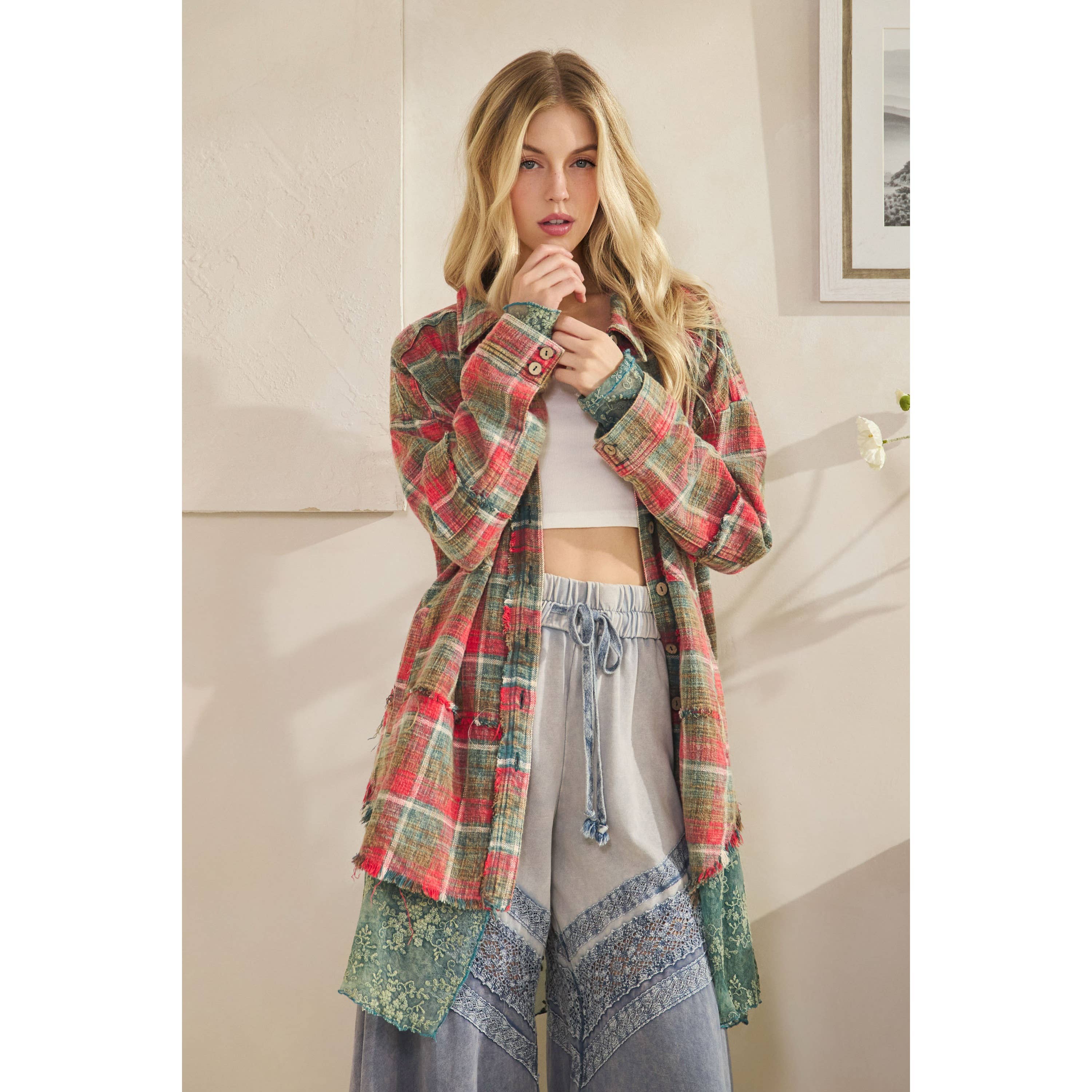 Oli&Hali - Wholesale Shirt Jacket/Shacket - Women's - WASHED PLAIDS AND EMBROIDERED MESH MIX SHACKETS3