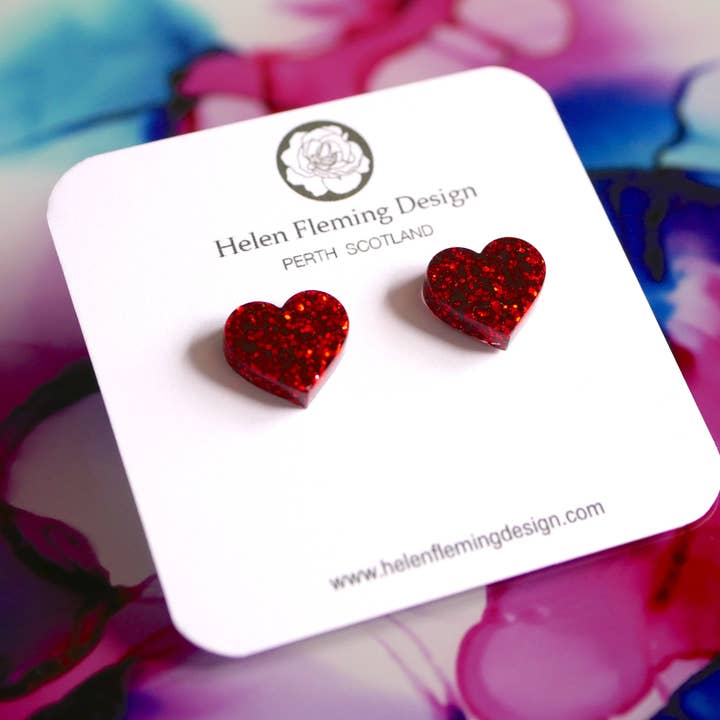 Red Glitter Heart Studs for wholesale by Helen Fleming Design