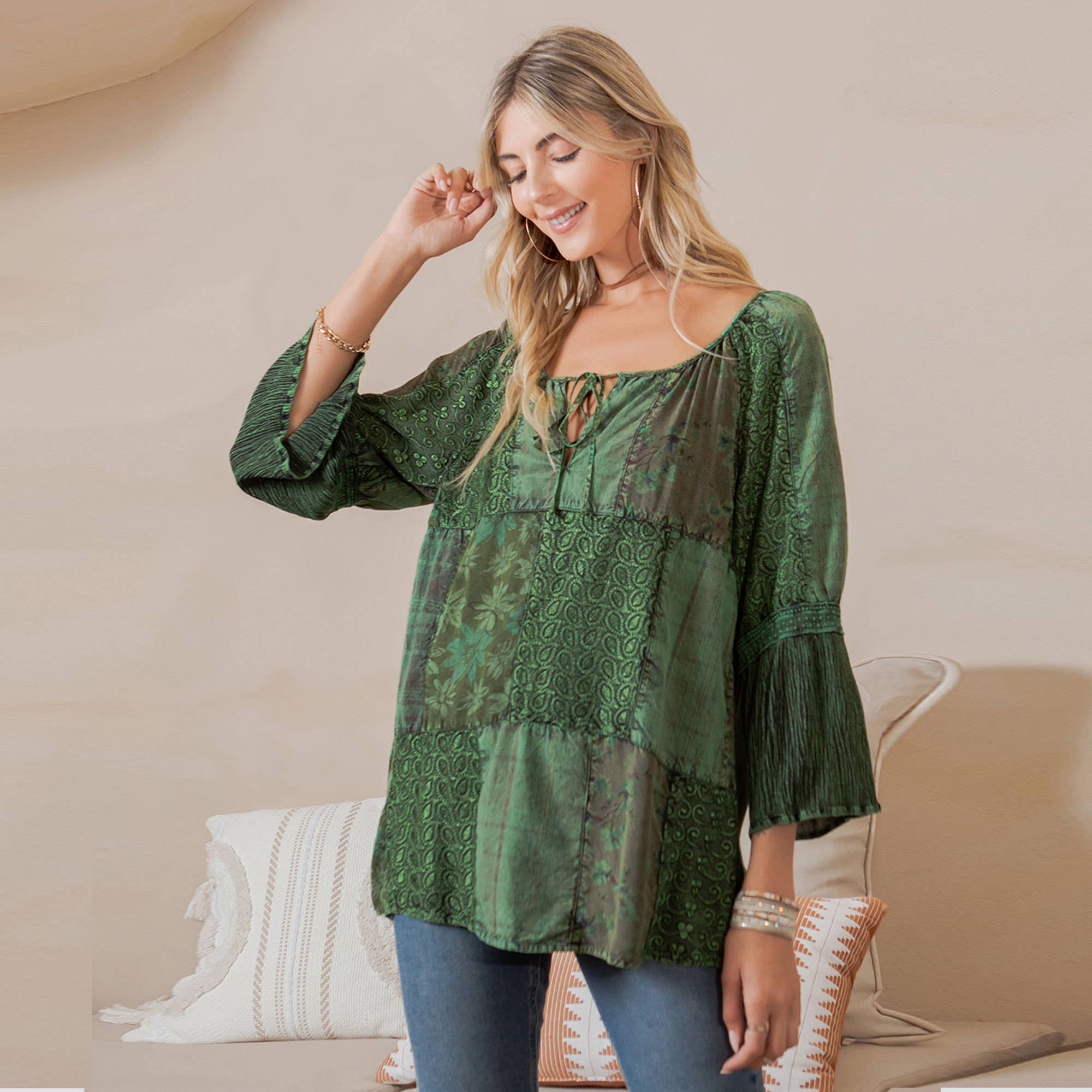 Young Threads - Wholesale Tunic - Women's - Peasant Top with Print Checks Patchwork (New Color)26