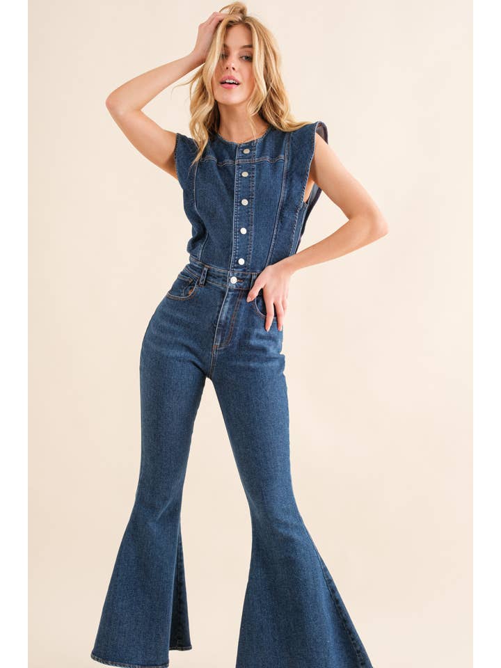 Blue B - Vendita all'ingrosso Tuta intera - Donna - 22646R - Tuta in denim SLV con bottoni e fondo a campana6