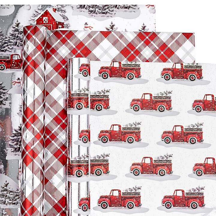 Wrapaholic Gifts & Packing Company - Wholesale Wrapping Paper Roll - Christmas Wrapping Paper Roll - Red Silver Snow Truck Foil