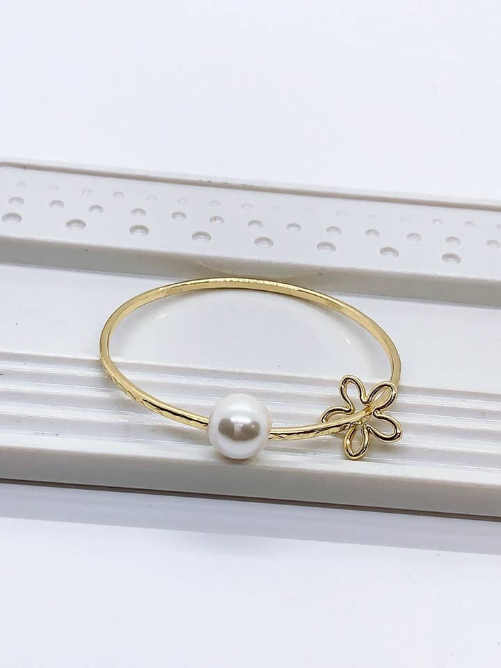 Straight Bangle with Flower Charm and White Shell Pearl for wholesale by Anela's Jewelry
