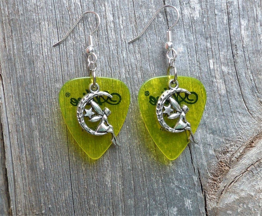 Simply Raevyn - Wholesale Dangle Earrings - Fairy on the Half Moon Charm Guitar Pick Earrings
