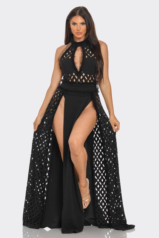 BANJUL - Wholesale Dress - Women's - BD13355P1   Eyelet Halter Neck Maxi Dress1