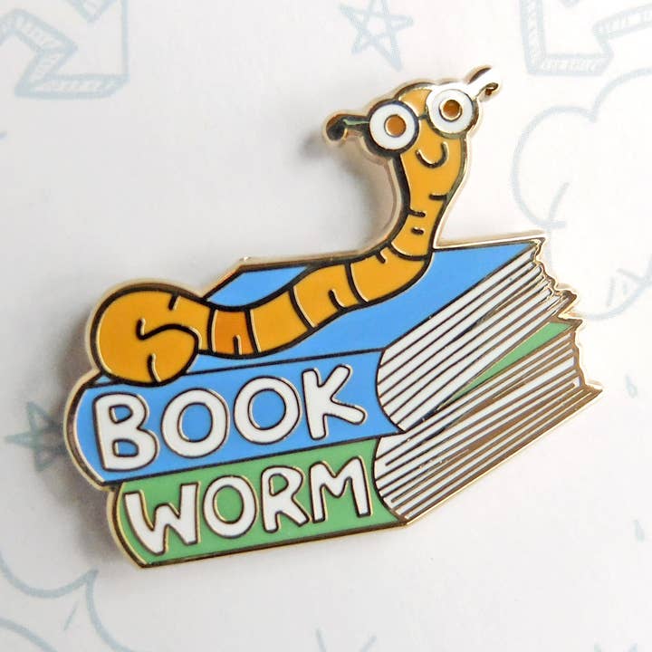 Book Worm, Book Lover Enamel Pin for wholesale by Lucky Sardine