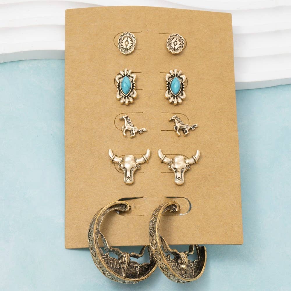 Fame Accessories - Wholesale Dangle Earrings - Assorted Western Five Pair Earrings Set1