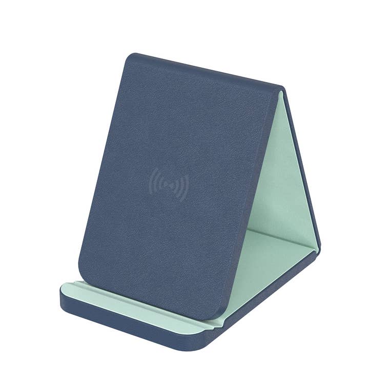 PhunkeeTree - Wholesale Phone/Tablet Stand - Navy with Mint - Leather Wireless Charging Folding Stand3