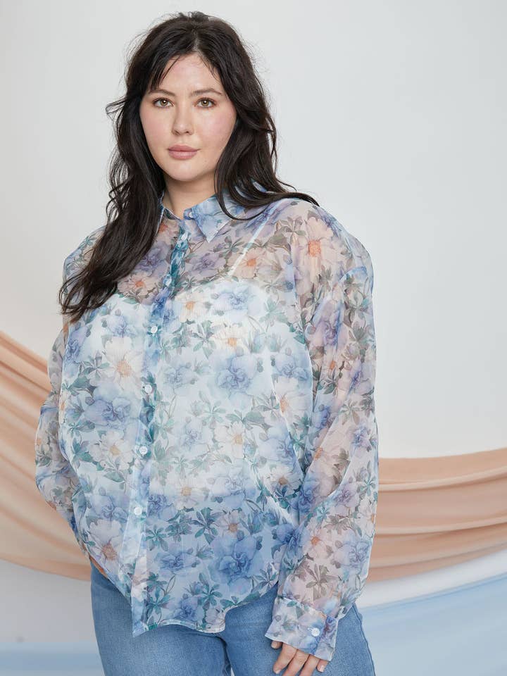 FLORAL ORGANZA BUTTON DOWN SHIRTS - P00214X for wholesale by Petal Dew