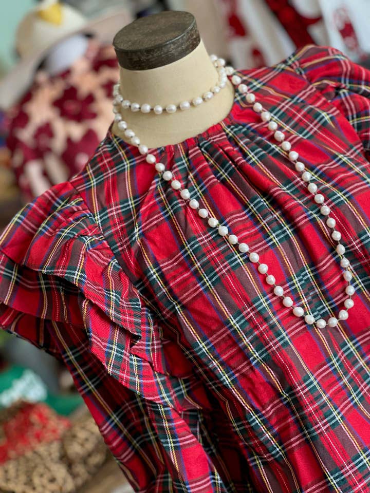 Christmas red & green plaid ruffle Balloon Sleeve blouse for wholesale on Faire1